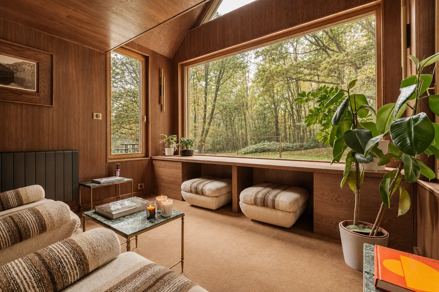 Le salon du chalet ouvert par une large baie vitrée sur la forêt